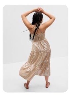 GAP Metallic Champagne Tiered Midi Dress